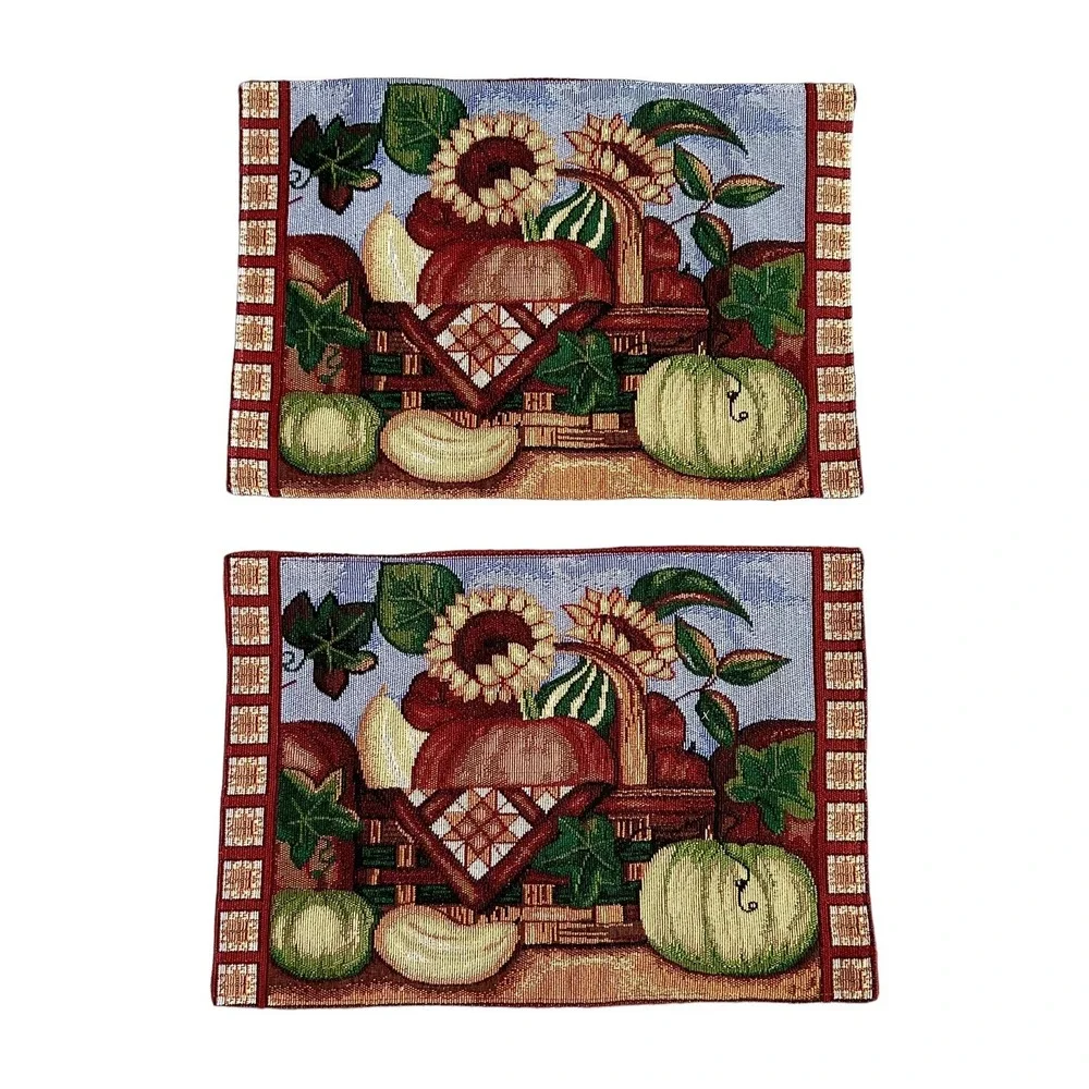 Woven Tapestry Placemats Fall Autumn Farm Harvest‎ Sunflowers Set Of 4